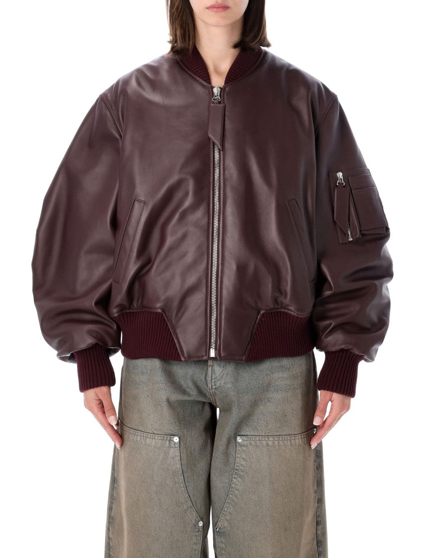 The Attico Oversized Leather Bomber Jacket With Jacquard Detailing