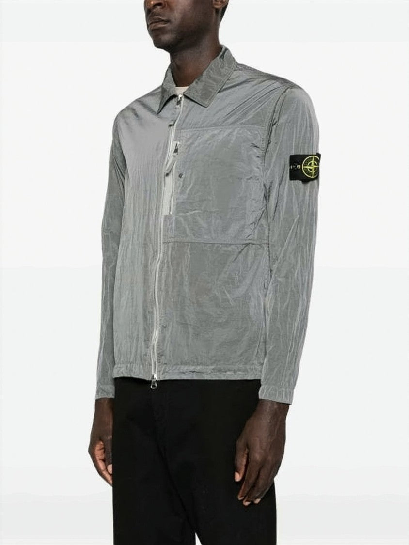 Stone Island Metallic Sheen Grey Overshirt In Recycled Nylon Fabric