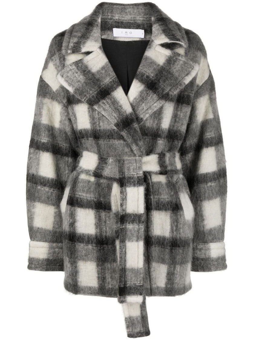 Iro Checkered Grey Jacket With Wide Lapel And Belted Waist