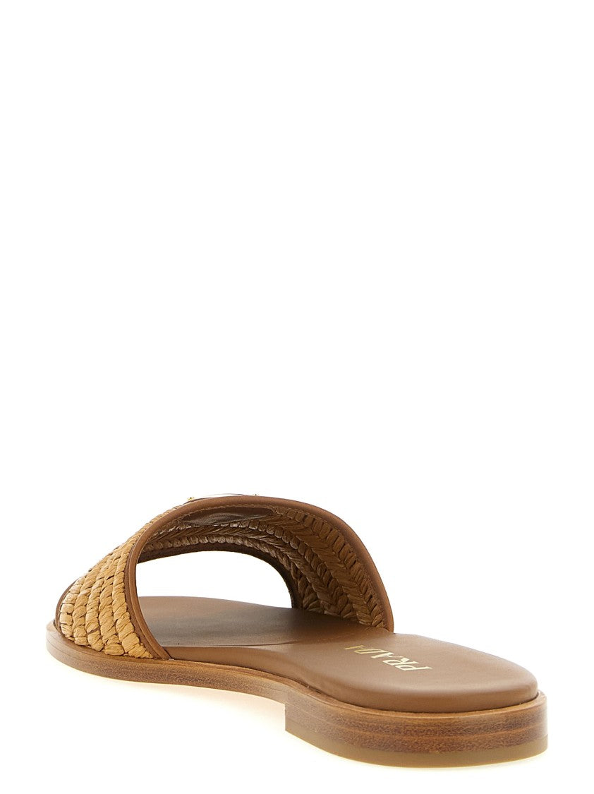 Prada Woven Viscose Raffia Slides With Crochet Detailing And Enameled Triangle Logo