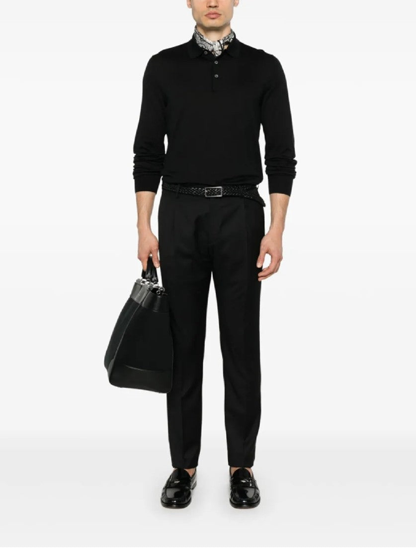 Tagliatore Long-Sleeved Black Polo With Silk-Cotton Blend