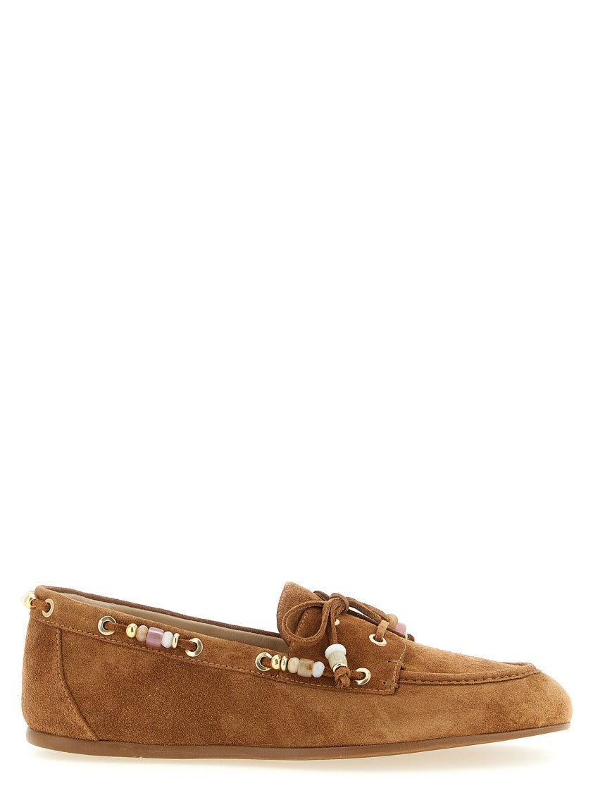Stuart Weitzman Brown Suede Boat Shoe With Beaded Lace And Cabochon