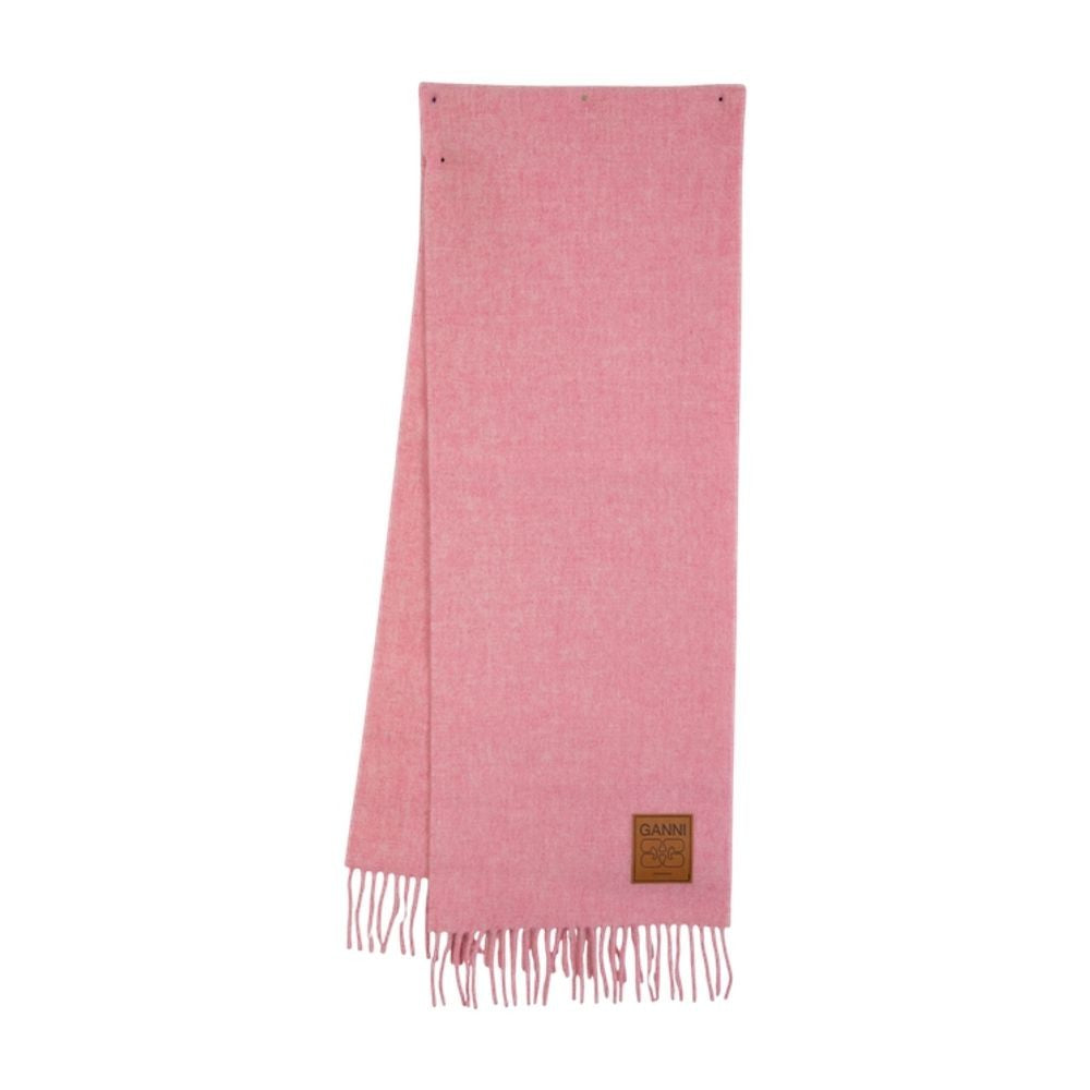 Ganni Double Face Pink Wool Scarf With Fringed Ends