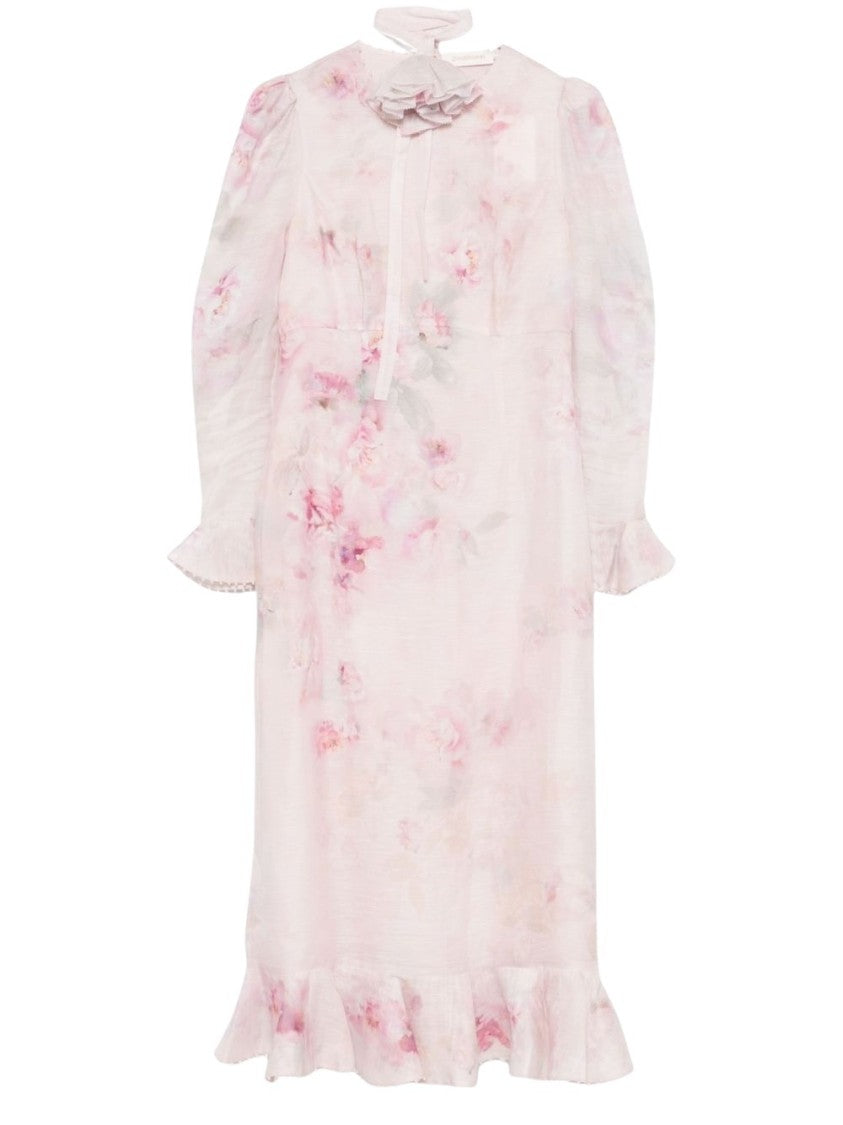 Zimmermann Pink Soft Floral Print Midi Dress