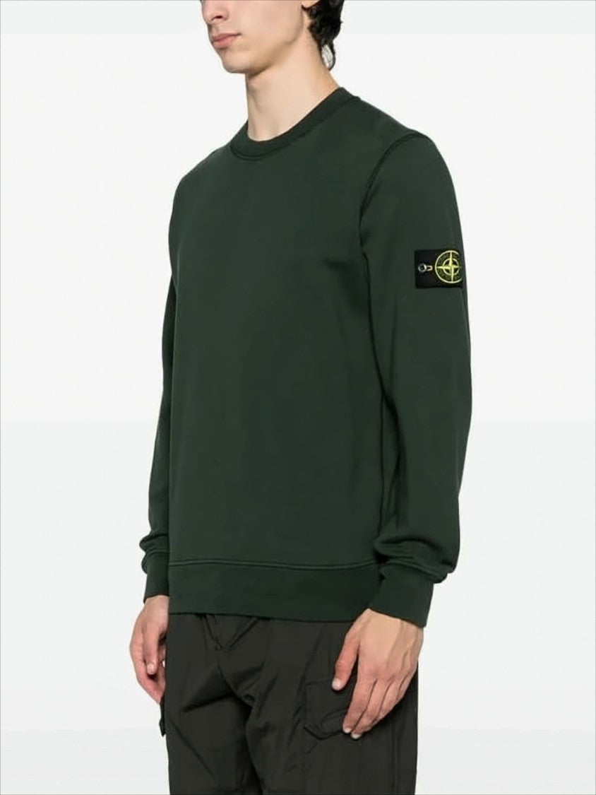 Stone Island Dark Green Crewneck Sweater With Ribbed Detailing And Iconic Logo