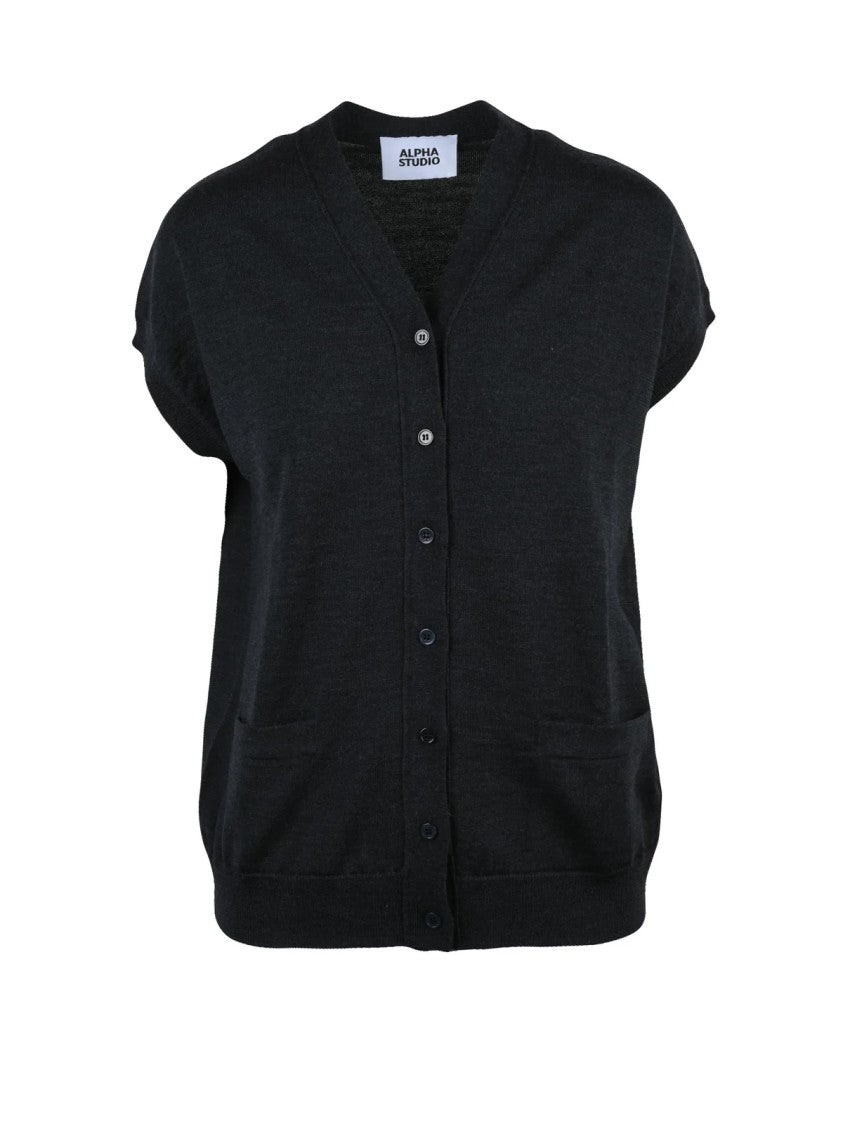 Alpha Studio Grey Button-Down Merino Wool Vest With V-Neckline And Front Pockets