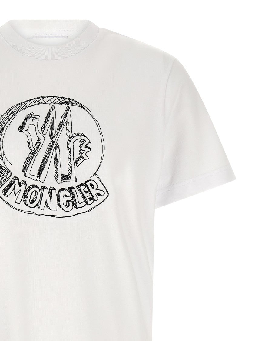 Moncler White Crewneck T-Shirt With Splash Effect Logo Embroidery