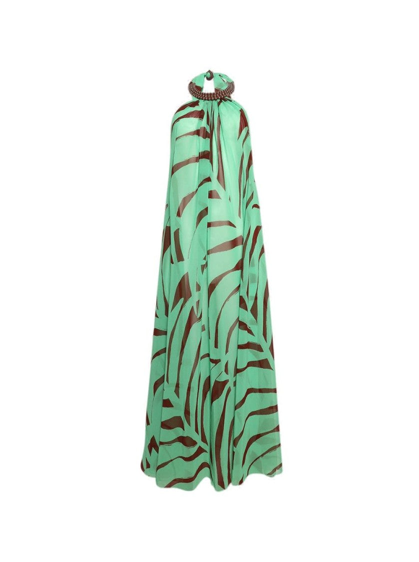 Johanna Ortiz Tactile Winds Maxi Dress Swim Palm Stripes Burgundy Mint