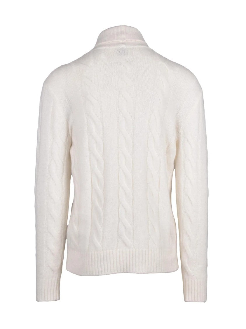 Eleventy High Neck Cable Knit Sweater With Ribbed Details