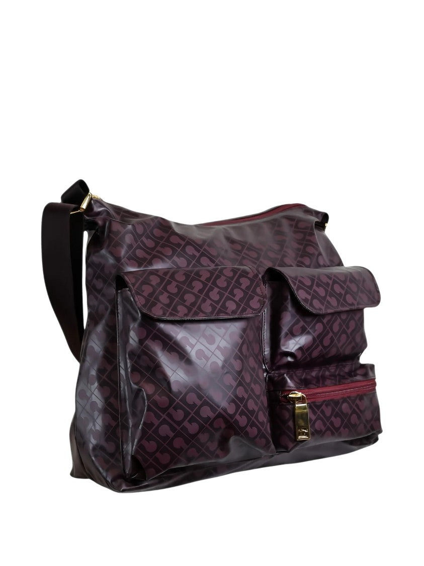 Gherardini Medium Satchel With Bordeaux Purple Monogram Print And Gold-Tone Accents