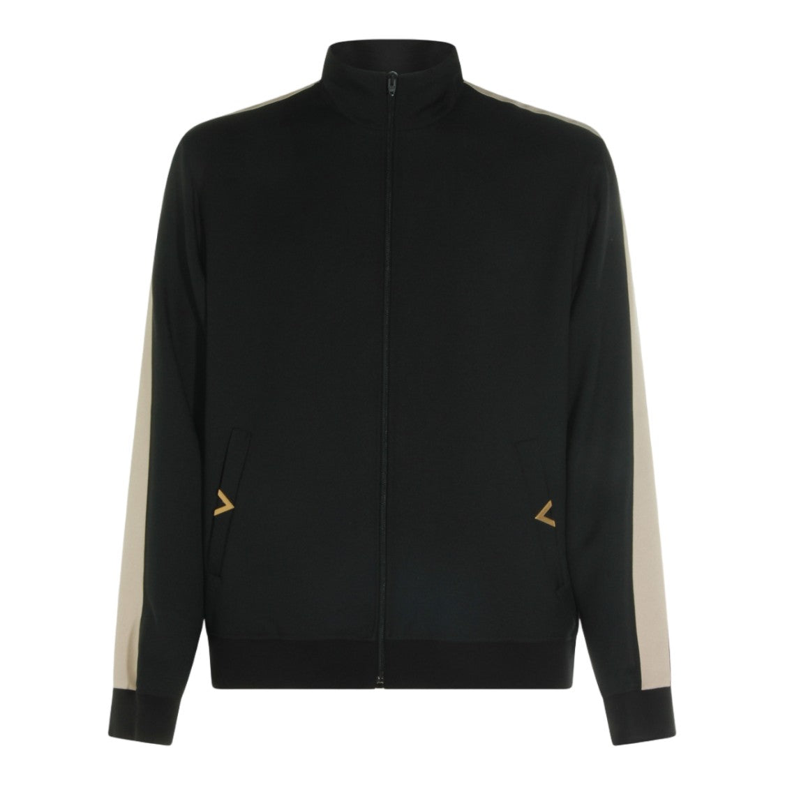 Valentino High Collar Black Knit Sweatshirt With Beige Stripes