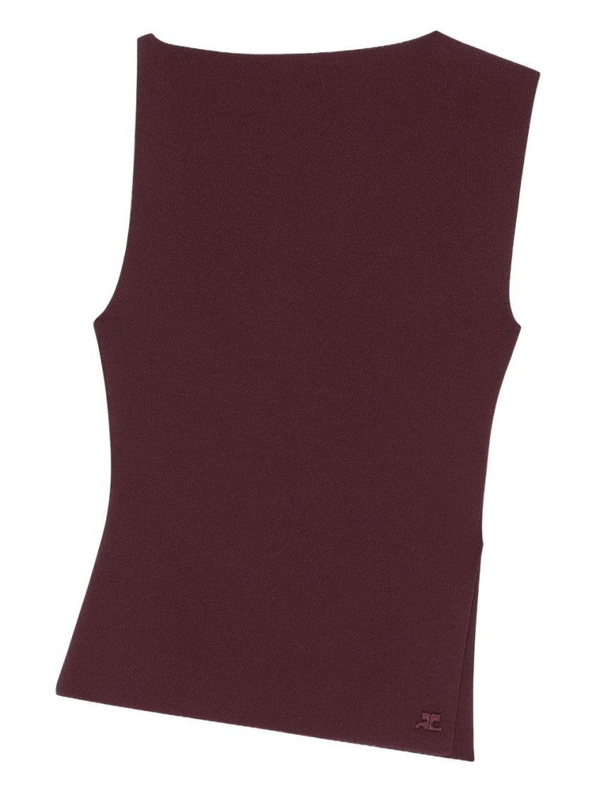 Courrèges Sleeveless Asymmetrical Burgundy Top With Embroidered Logo