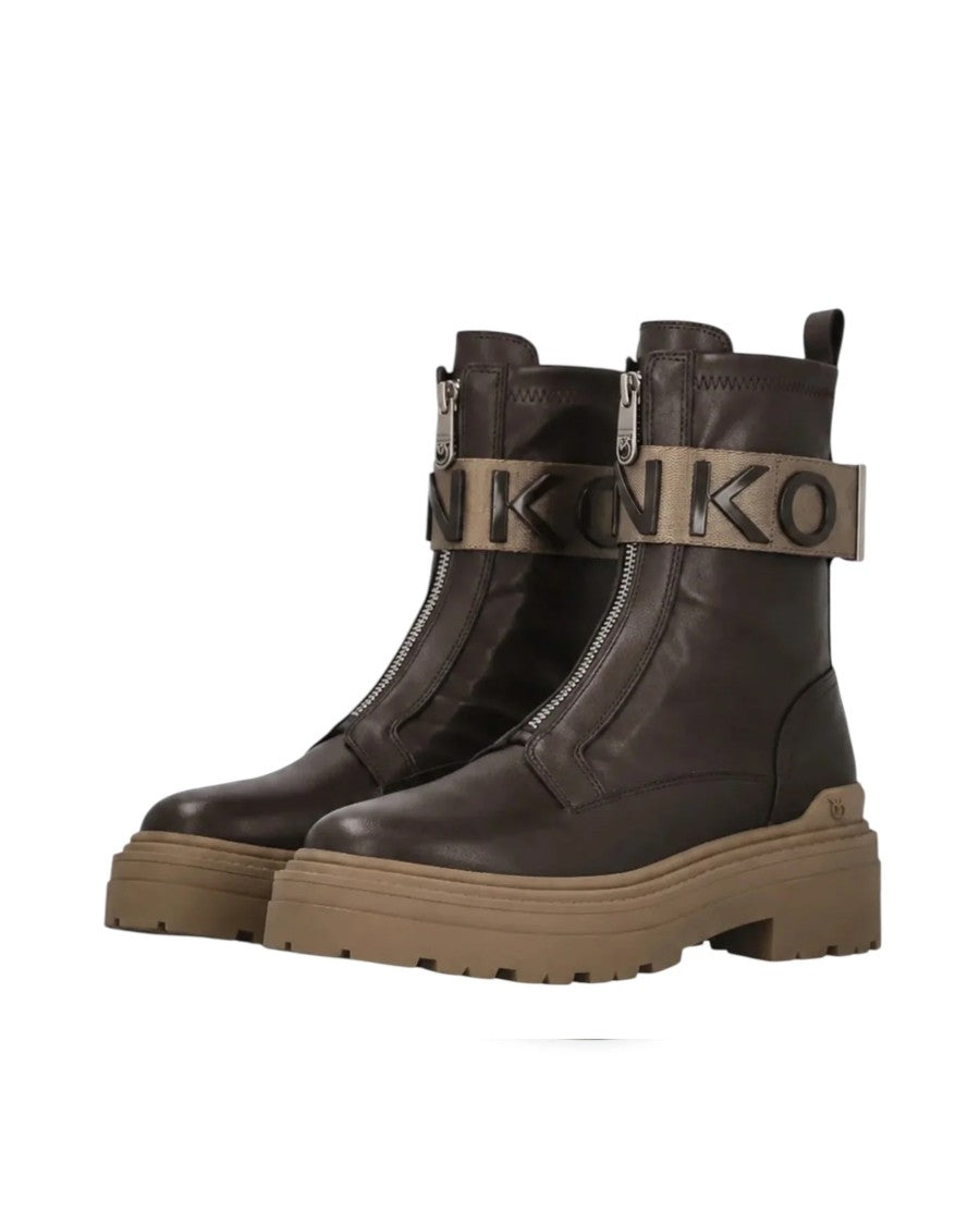 Pinko Chunky Leather Front Zip Platform Ankle Boots