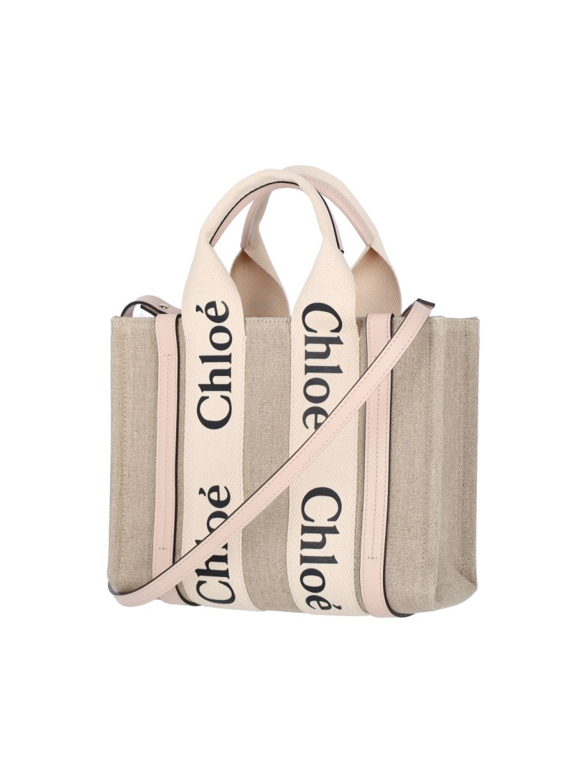 Chloé Beige Woody Lino Logo Tote Bag