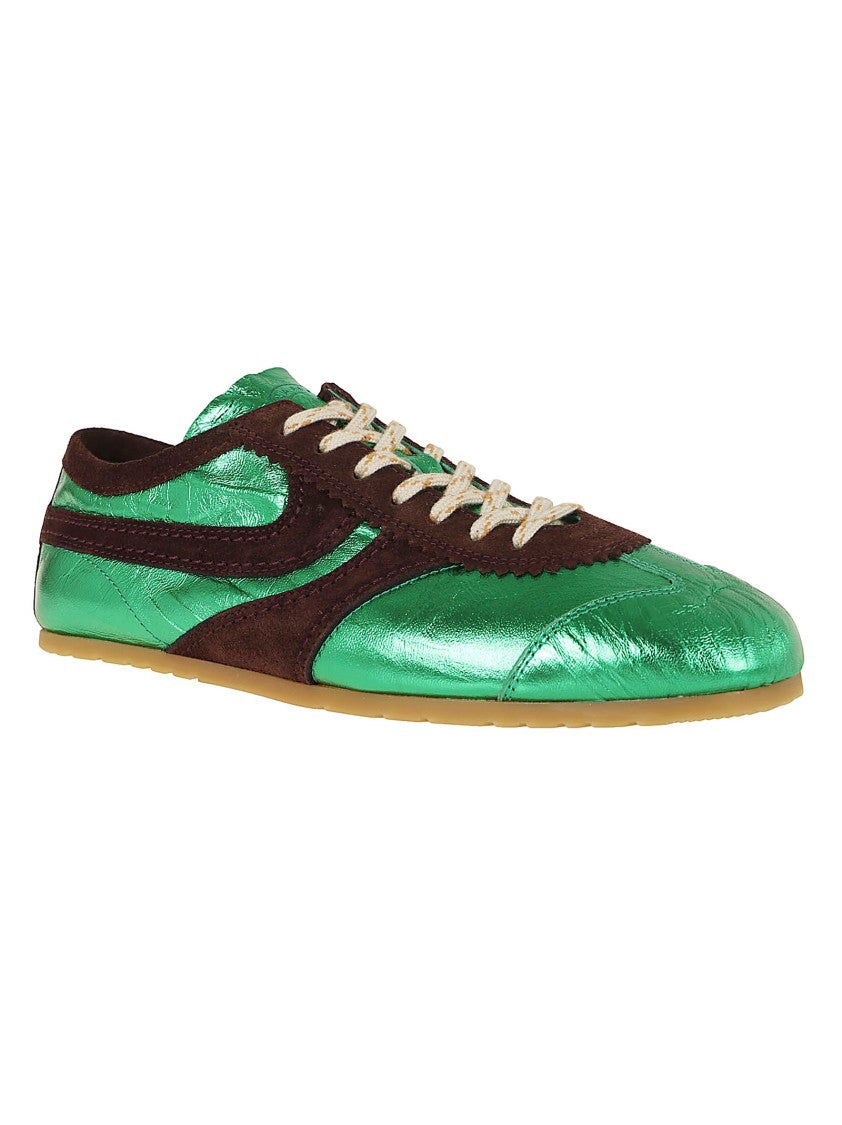 Dries Van Noten Curved Panel Shoes In Metallic Green And Chocolate Suede
