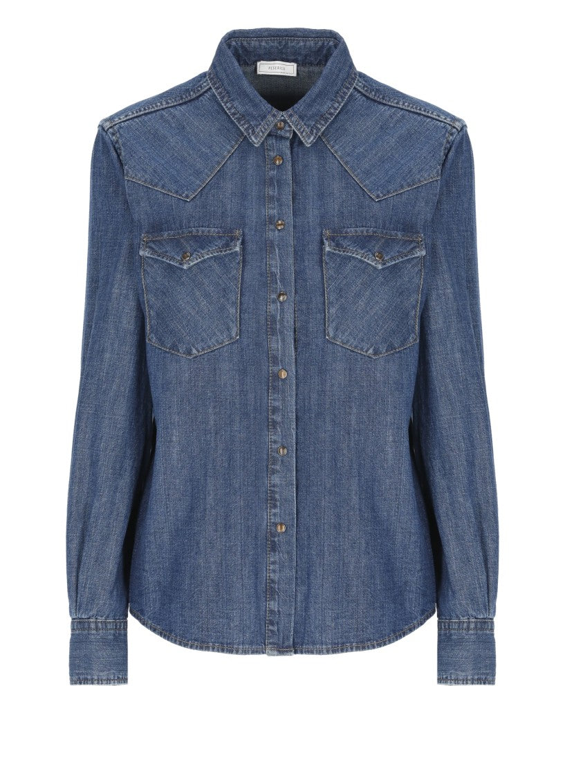 Peserico Classic Blue Denim Shirt With Western-Inspired Details