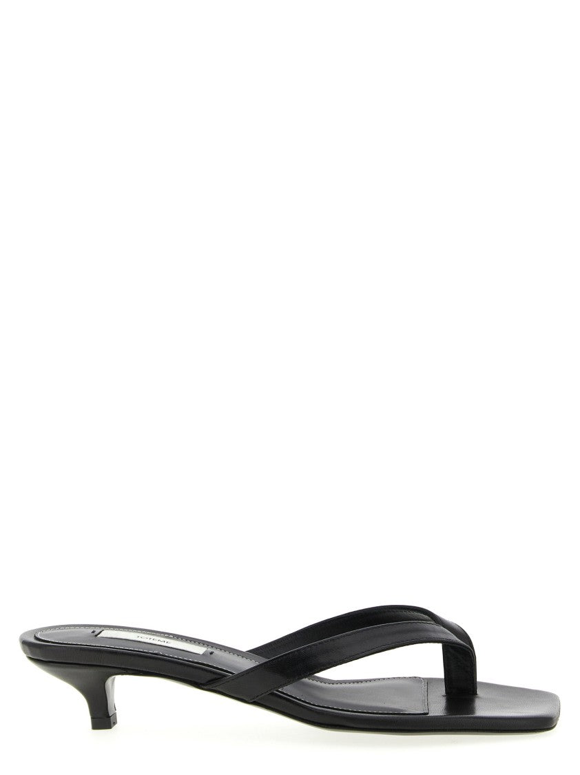Totême Minimalist Black Leather Thong Sandals With Square Toe And Low Heel