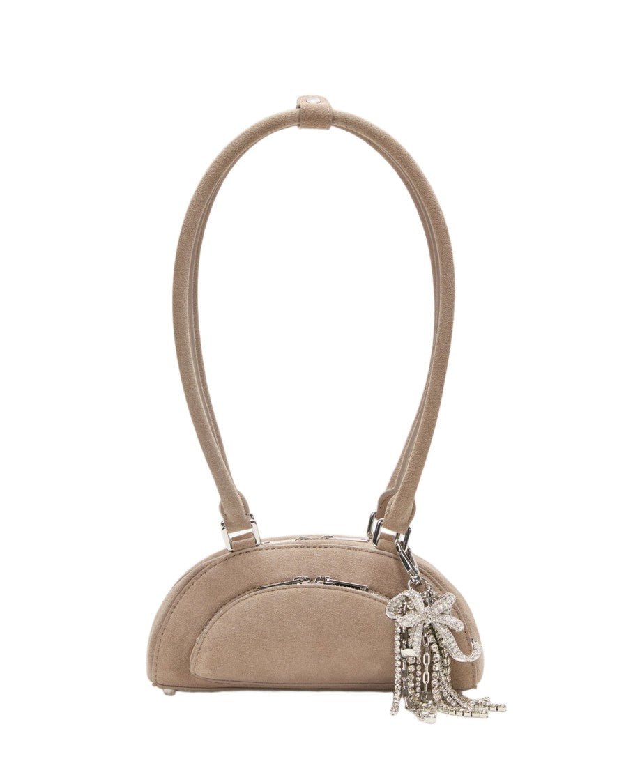 Self-Portrait Mini Taupe Suede Shoulder Bag With Detachable Bow Charm