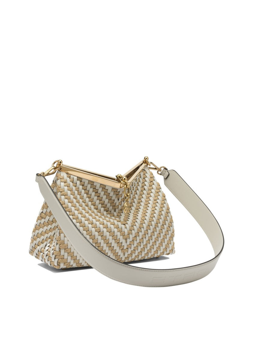 Etro Compact Structured Shoulder Bag With Woven Raffia