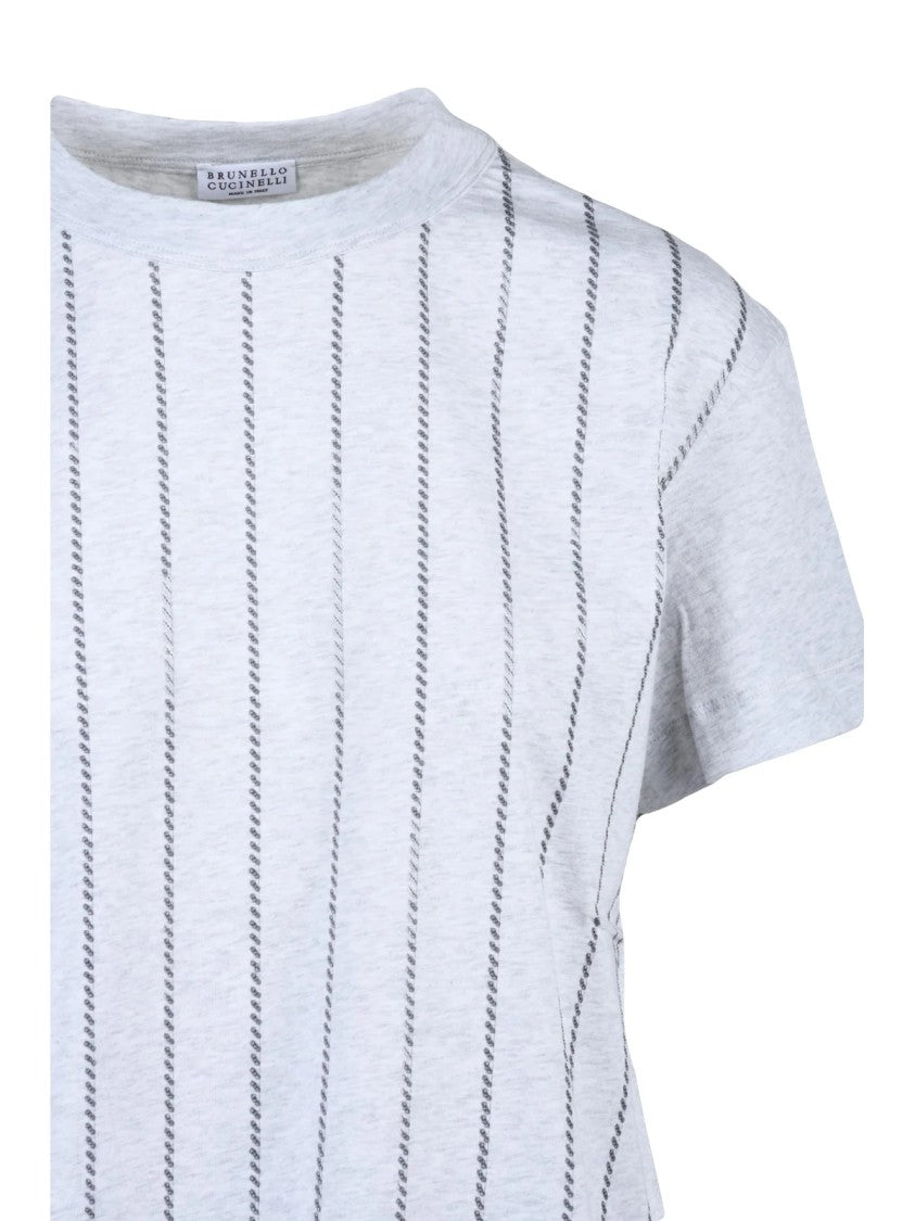 Brunello Cucinelli Light Grey Cotton Striped T-Shirt