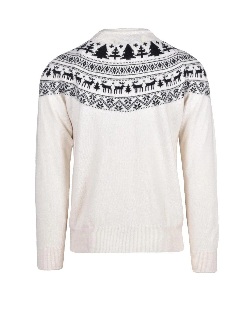 Mc2 Saint Barth White Festive Knit Pattern Wool-Blend Crewneck Sweater