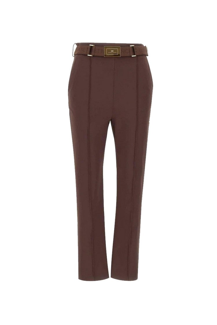Elisabetta Franchi Brown Belted Gold Buckle Polyamide-Blend Flared Pants