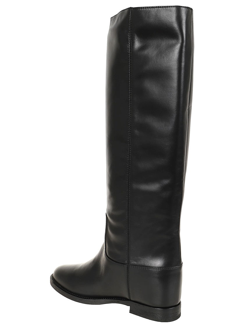 Via Roma 15 Knee-High Black Calfskin Boots With Internal Wedge