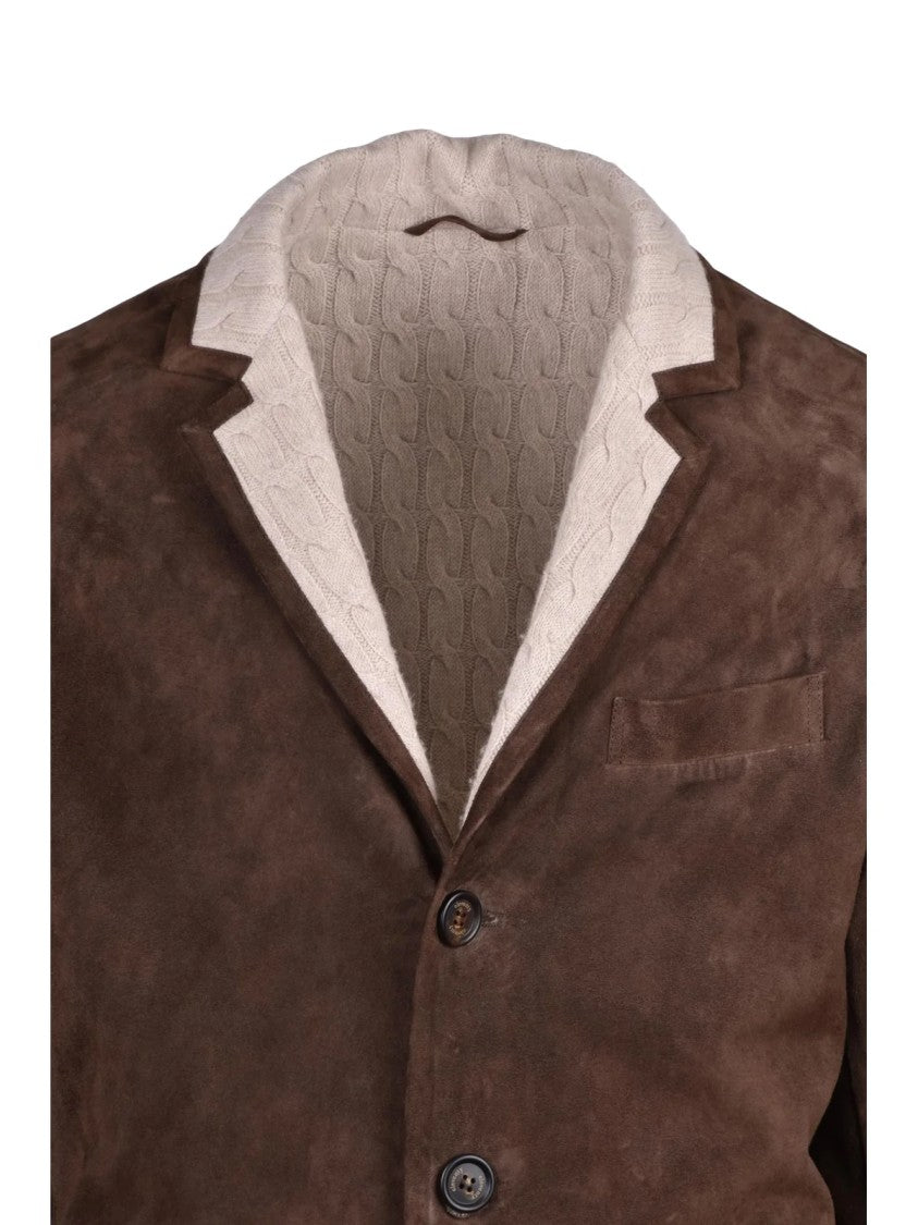 Eleventy Rich Brown Suede Jacket With Wool Lining And Button Closure