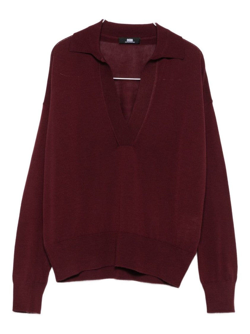 Alpha Studio Long-Sleeved Deep V-Neck Merino Wool Top