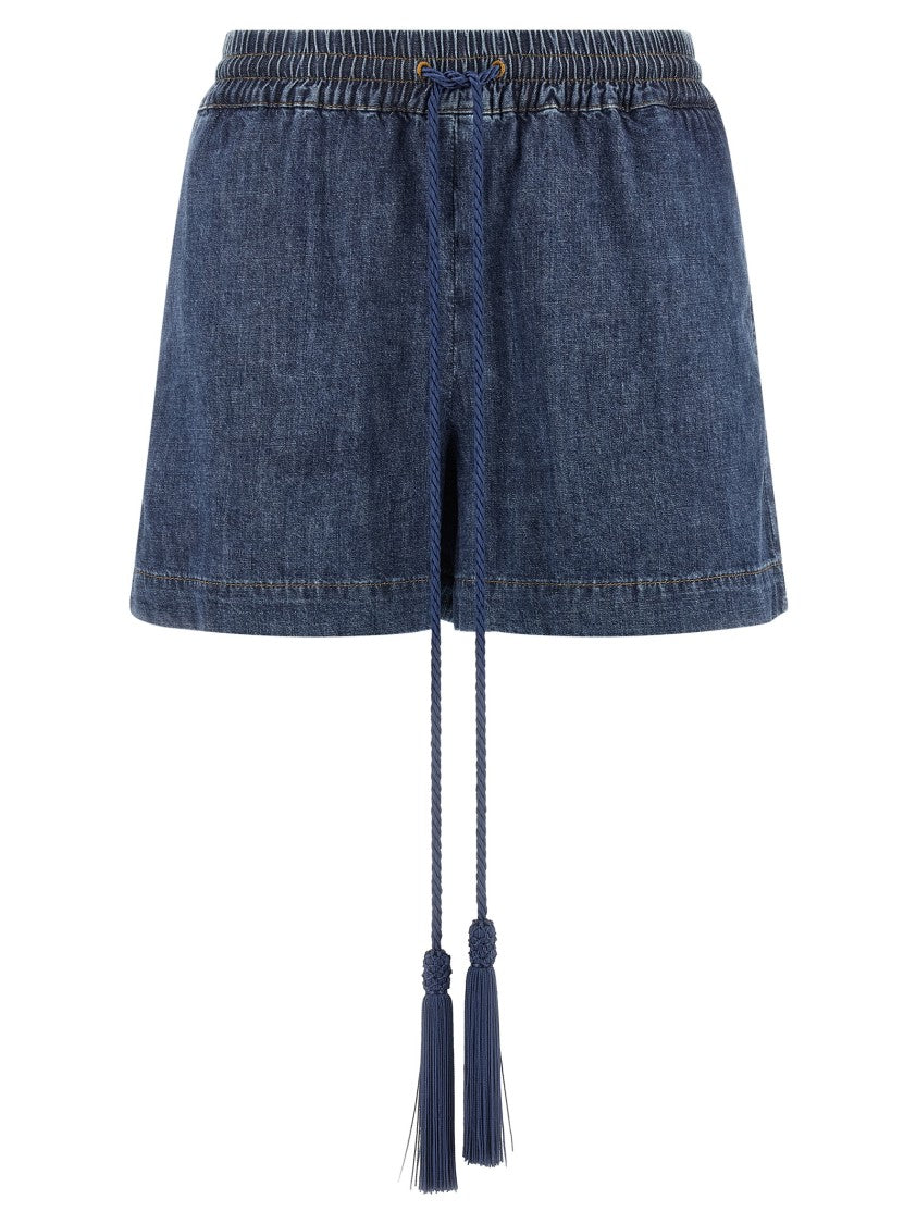 Valentino Garavani Medium Wash Chambray Denim Shorts With Contrast Stitching