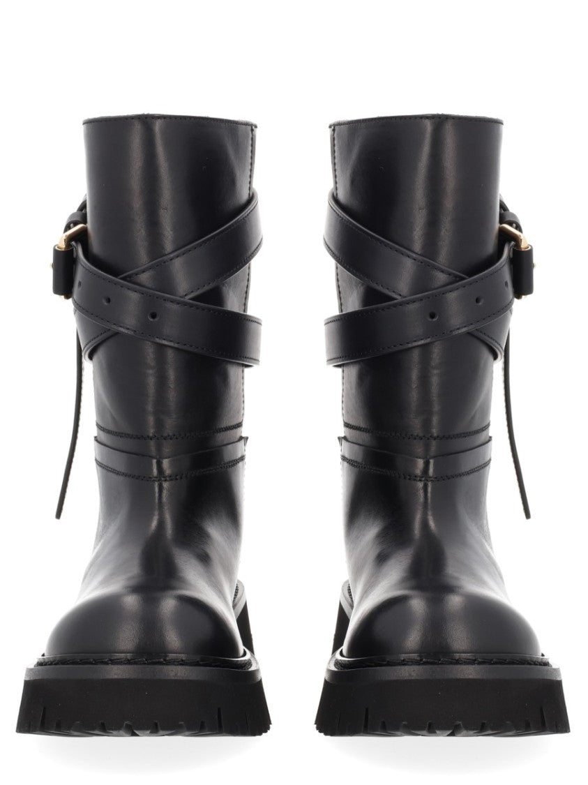 Moschino Polished Tie-Me Leather Lug Sole Boots