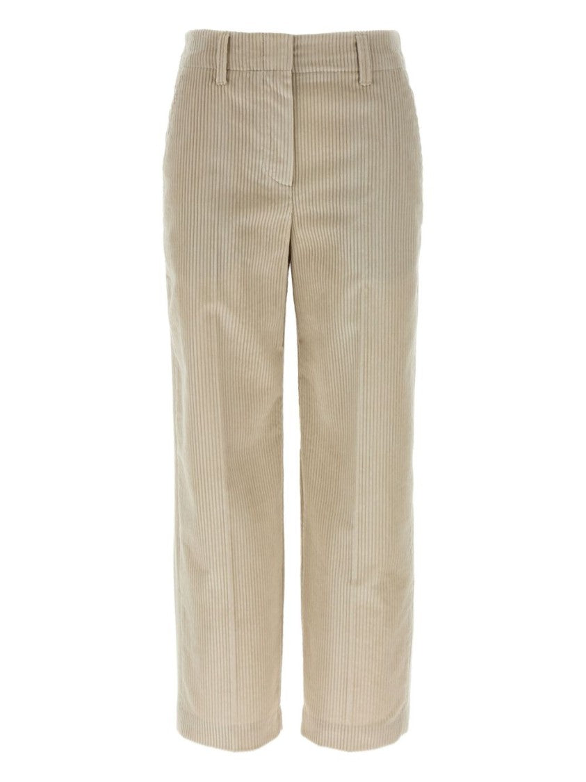 Brunello Cucinelli Beige Corduroy Trousers With Front Zip And Hook Button Closure