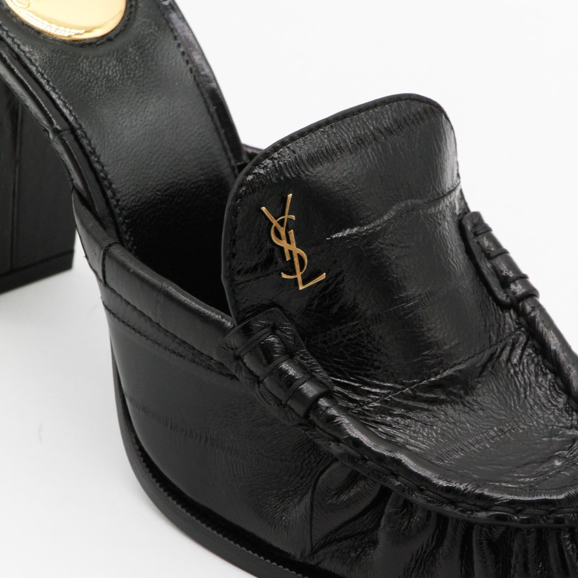 Saint Laurent Gathered Leather Mule Flats With Block Heel
