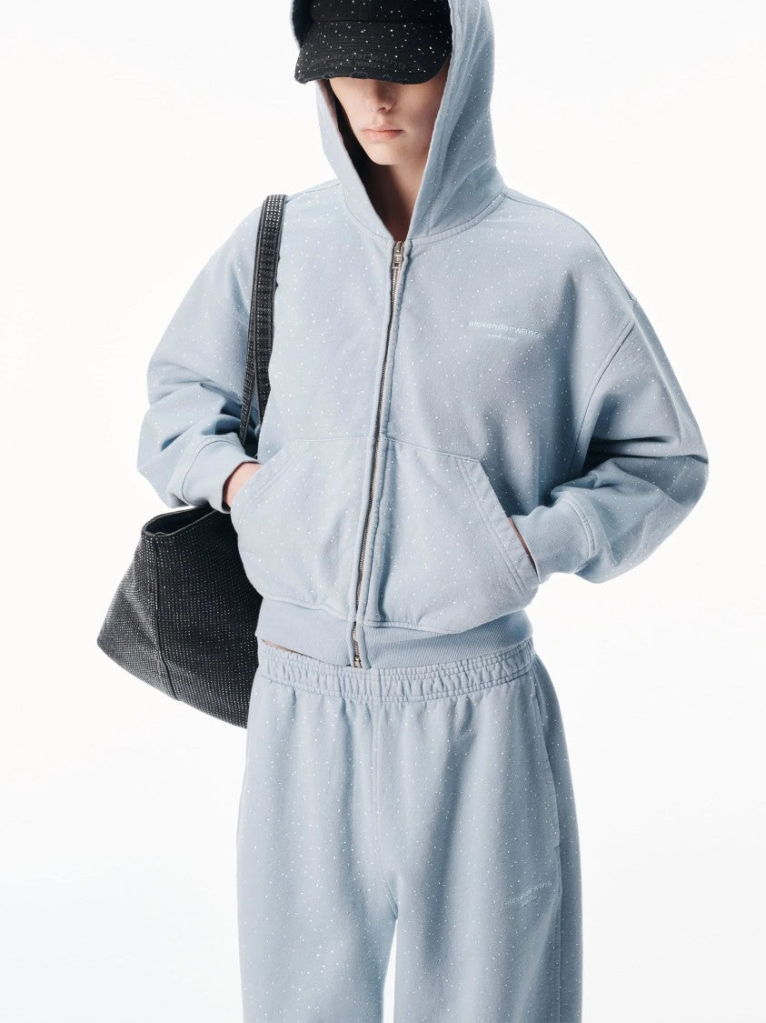 Alexander Wang Light Blue Crystal Logo Cotton Zip Hoodie Sweatshirt