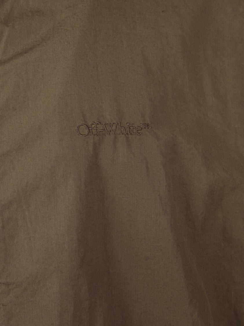 Off-White Brown Zip-Up Jacket With High Collar And Diagonal Stripe Accents
