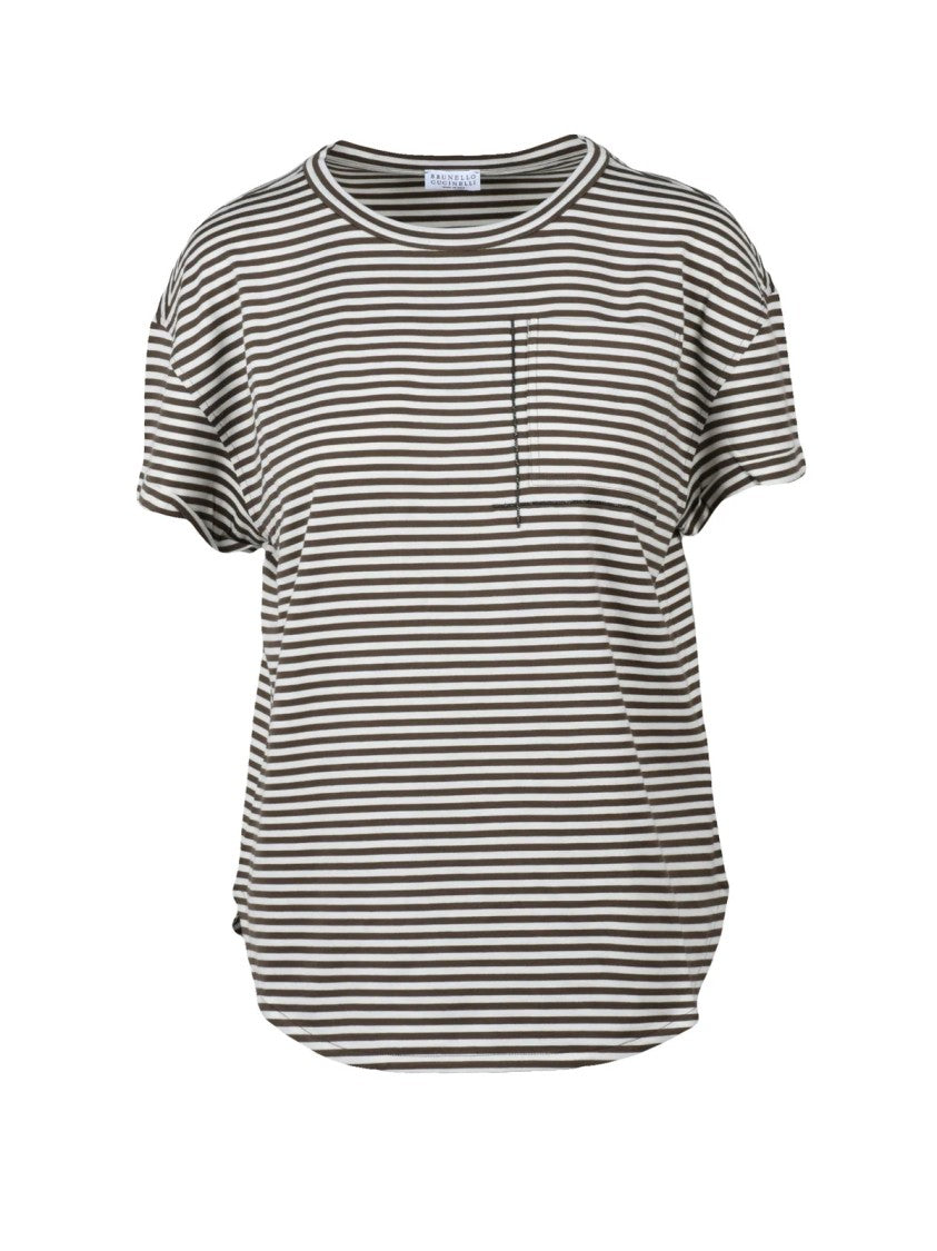 Brunello Cucinelli White/Brown Cotton Women T-Shirt