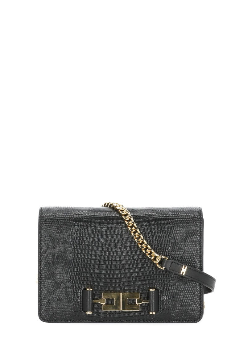 Elisabetta Franchi Black Shoulder Bag With Lizard Effect And Gold Chain Strap