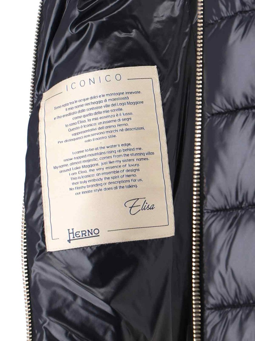 Herno Long Navy Puffer Jacket With Removable Ribbed Collar