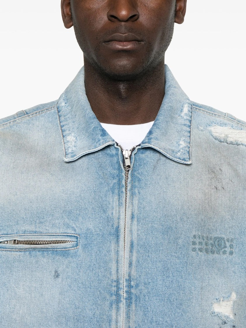 Mm6 By Maison Margiela Sky Blue Cotton Denim Jacket With Distressed Detailing
