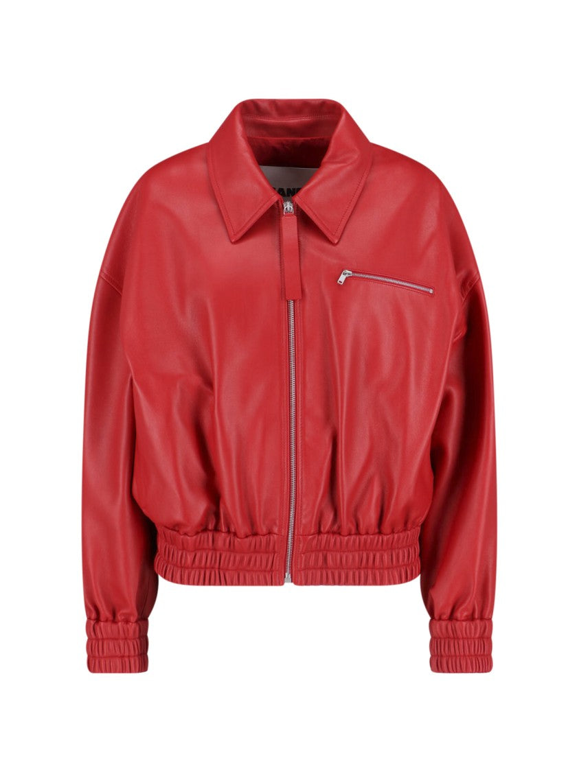 Jil Sander Smooth Leather Bomber Jacket With Classic Collar And Zip Closure