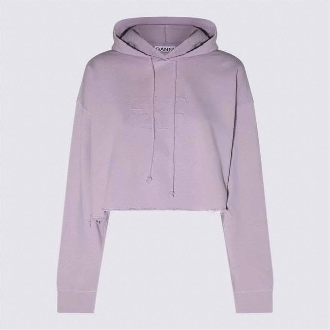 Ganni Cropped Lavender Hoodie With Drawstring And Raw Hemline