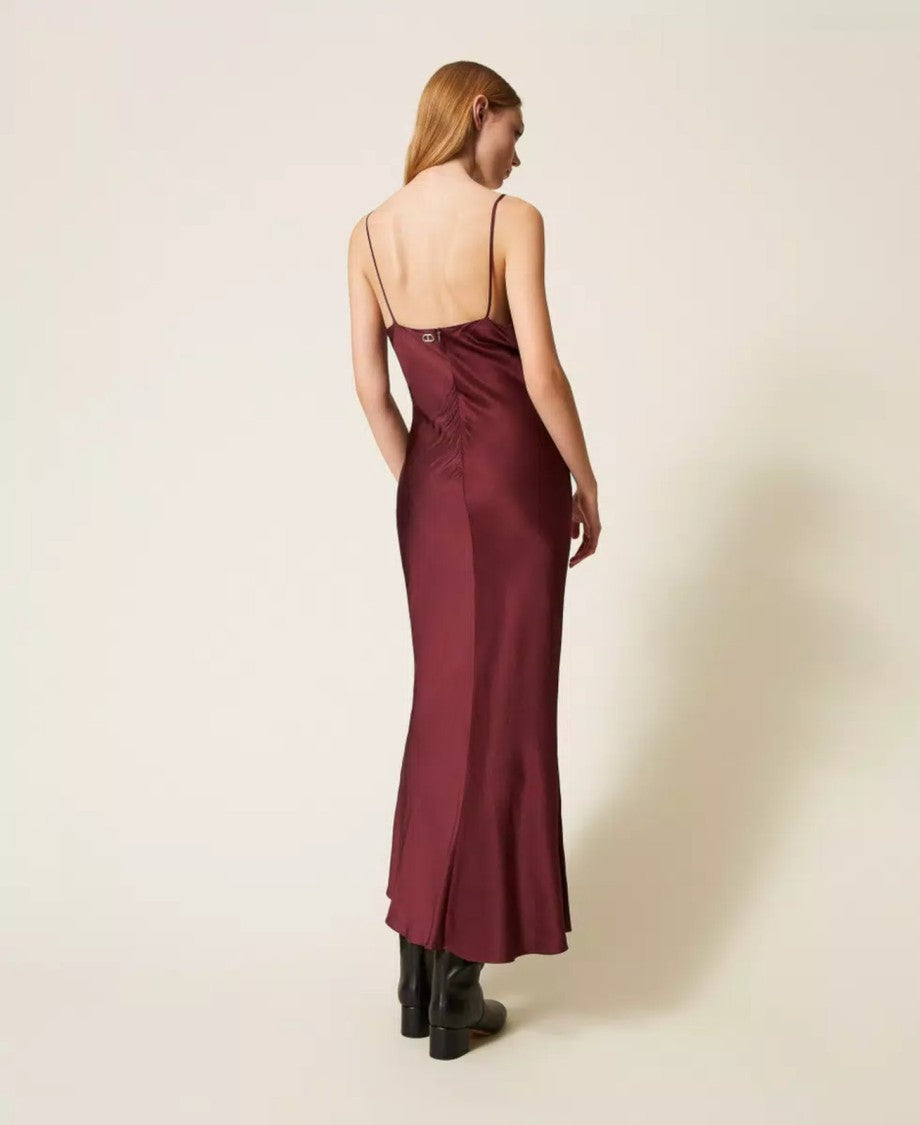 Twin-Set Maxi Satin Dress With Lace Trim