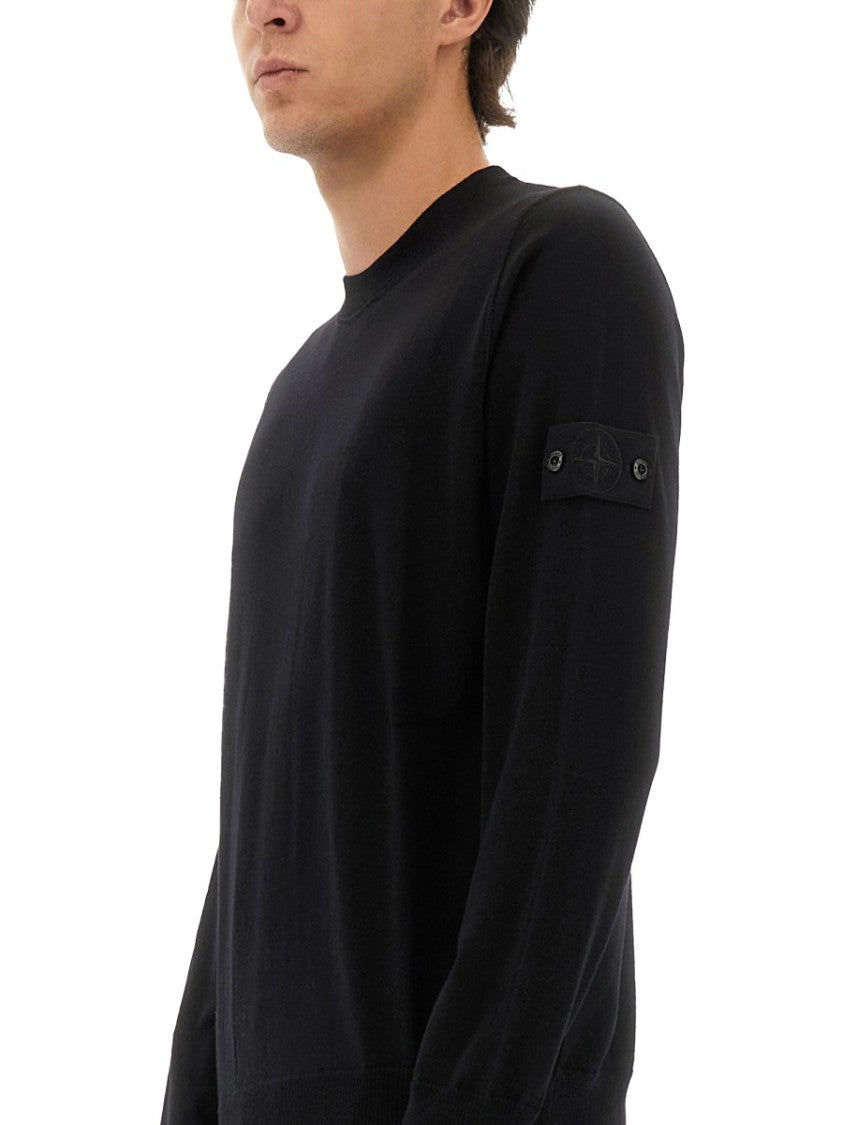Stone Island Black Wool Sweater With Ribbed Details