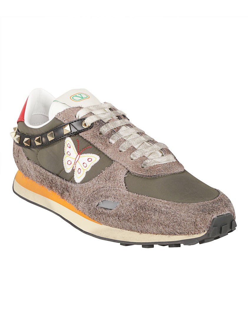 Valentino Garavani Textured Suede And Fabric Sneakers With Butterfly Embroidery
