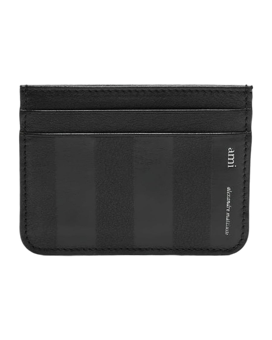 Ami Paris Leather And Canvas Cardholder With Striped Pattern