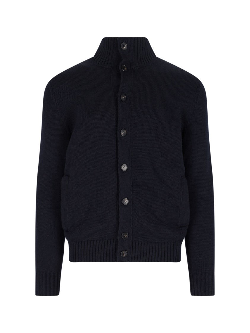 Zanone Dark Blue Chioto High-Collar Ribbed Virgin Wool Cardigan