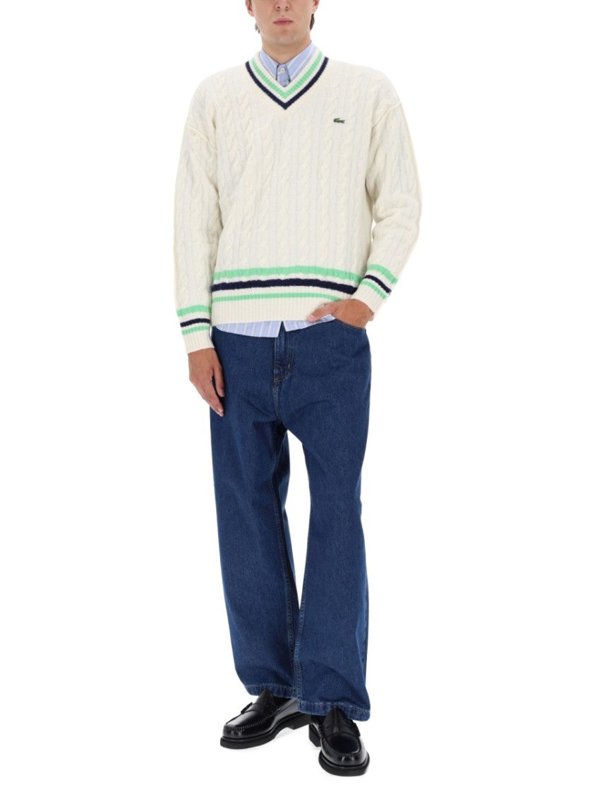 Lacoste Textured Cable Knit Sweater With Contrasting Stripes