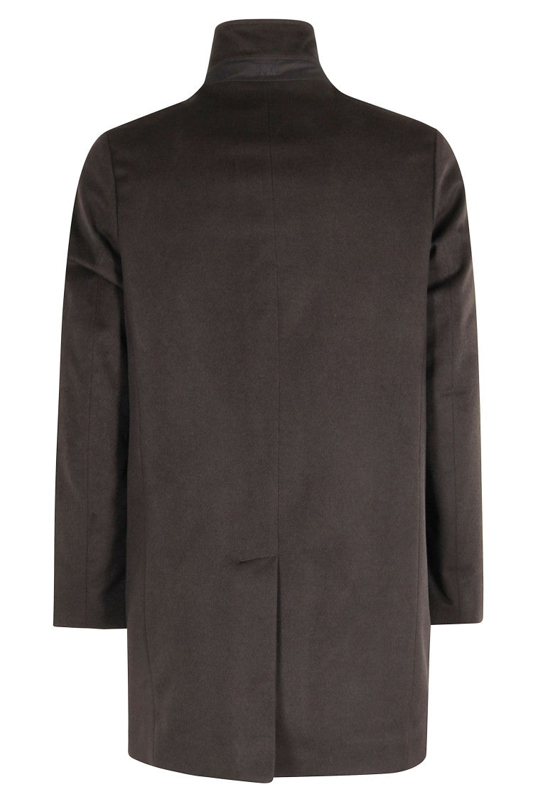 Duno Structured Brown Wool Blend Coat With Detachable Bib