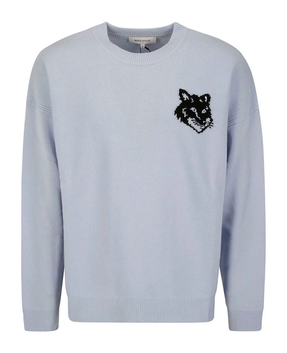 Maison Kitsuné Light Blue Wool Sweater With Classic Crew Neckline And Intricate Embroidery