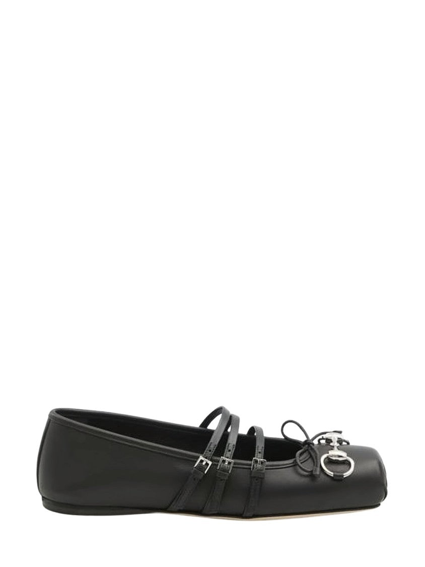 Gucci Black Leather Ballet Flats With Square Toe